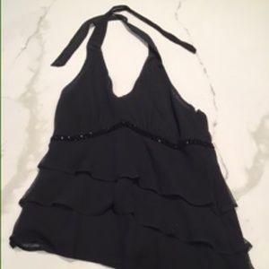 Kenneth Cole Black halter tank with black accent beading and ruffles